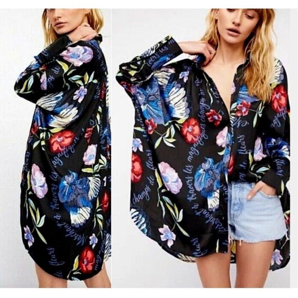 Free People black floral bird print long sleeve button front top SP